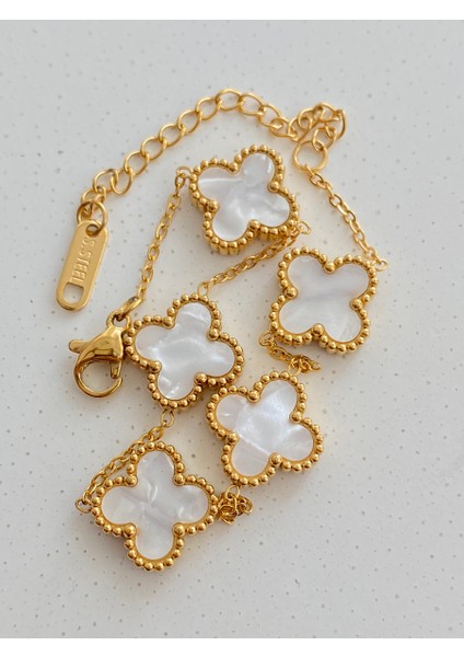 Çift Taraflı Yonca Sedef Gold Çelik Bileklik En 1,5cm Boy 18+6 cm modelleri
