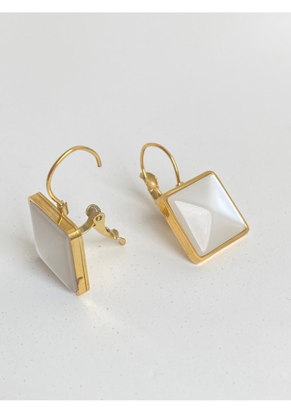 Klipsli Piramit Gold Çelik Küpe