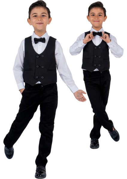 Çift Düğme Siyah Erkek Çocuk Yelekli Takım Elbise
