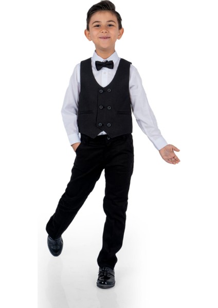 Çift Düğme Siyah Erkek Çocuk Yelekli Takım Elbise modelleri