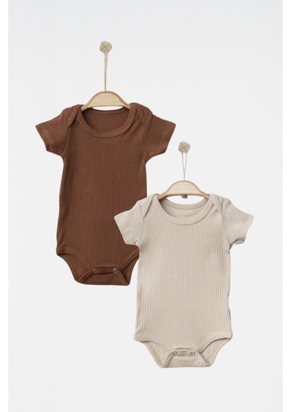 Bisiklet Yakalı Pamuklu Kahverengi ve Bej Unisex Basic Kısa Kollu Çıtçıtlı 2’li Bebek Badi
