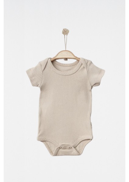 Bisiklet Yakalı Pamuklu Kahverengi ve Bej Unisex Basic Kısa Kollu Çıtçıtlı 2’li Bebek Badi