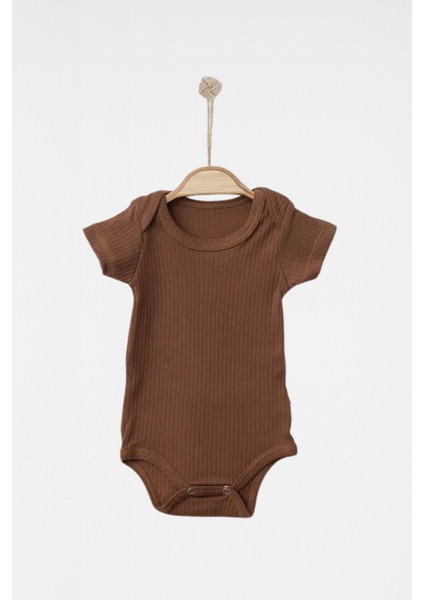 Bisiklet Yakalı Pamuklu Kahverengi ve Bej Unisex Basic Kısa Kollu Çıtçıtlı 2’li Bebek Badi