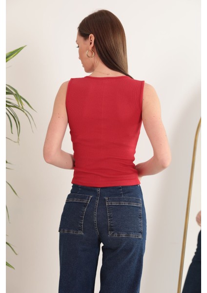 Kaşkorse Kumaş U Yaka Kadın Bluz-Kırmızı modelleri