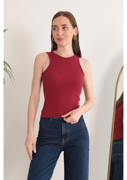 Kaşkorse Kumaş Halter Yaka Kadın Bluz-Bordo