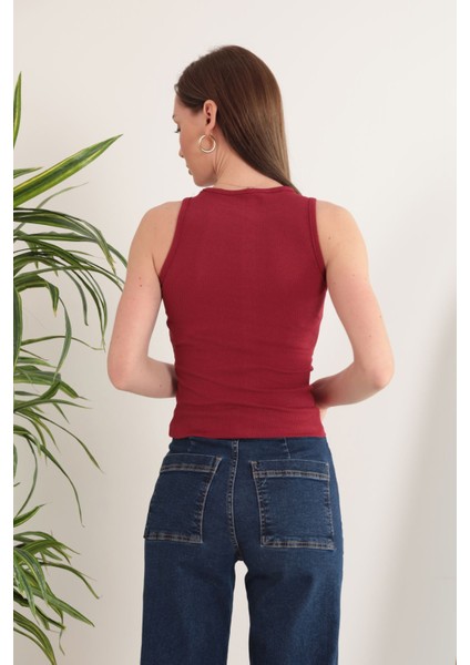 Kaşkorse Kumaş Halter Yaka Kadın Bluz-Bordo fiyatları