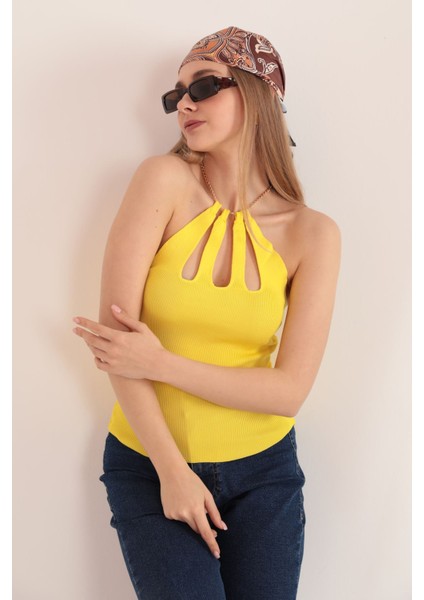Triko Kumaş Zincir Detay Kadın Bluz-Sarı modelleri
