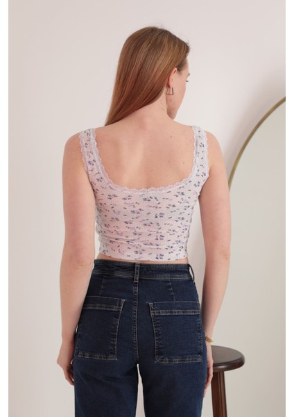 Kaşkorse Kumaş Çiçekli Dantel Yaka Kadın Crop-Lila fiyatları