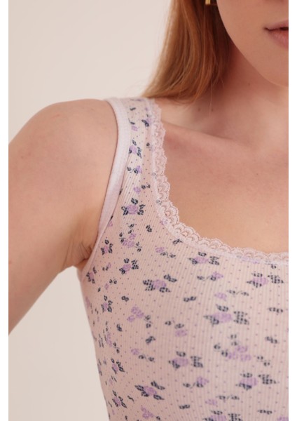 Kaşkorse Kumaş Çiçek Baskılı Havuz Yaka Dantel Kadın Crop-Lila fiyatları