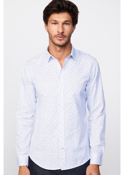 Slim Fit Dar Kesim Desenli Pamuklu Kolay Ütülenebilir Beyaz Erkek Gömlek