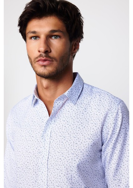 Slim Fit Dar Kesim Desenli Pamuklu Kolay Ütülenebilir Beyaz Erkek Gömlek modelleri