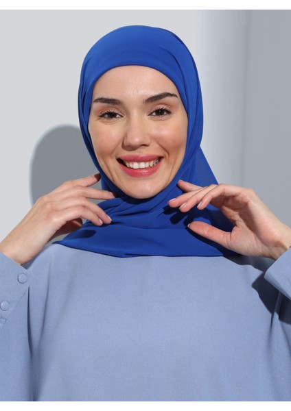 ST103-BONELİ Şifon Oval Eşarp 14 Saks - Saks Mavisi - Ecardin