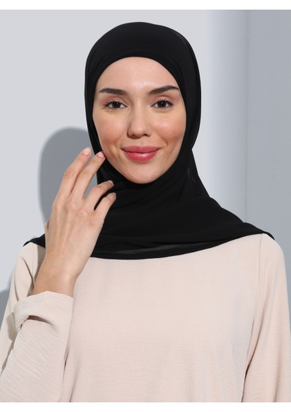 ST111-HİJABLI Şifon Oval Eşarp 01 Siyah - Siyah - Ecardin