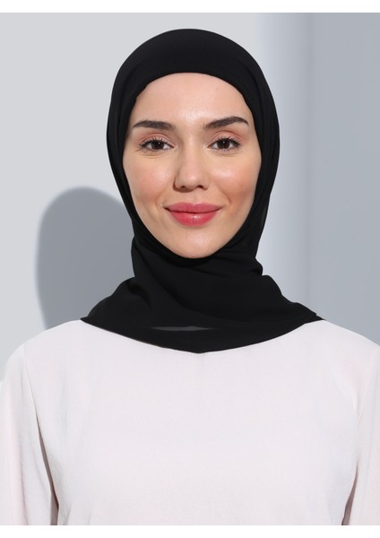 ST103-BONELİ Şifon Oval Eşarp 01 Siyah - Siyah - Ecardin