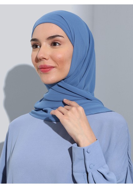 ST103-BONELİ Şifon Oval Eşarp 42 Kot Mavi - Mavi - Ecardin