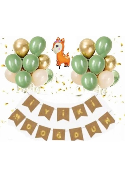 Kraft Iyi Ki Doğdun Banner Krom Gold Küf Yeşili Deniz Kumu Balon Set