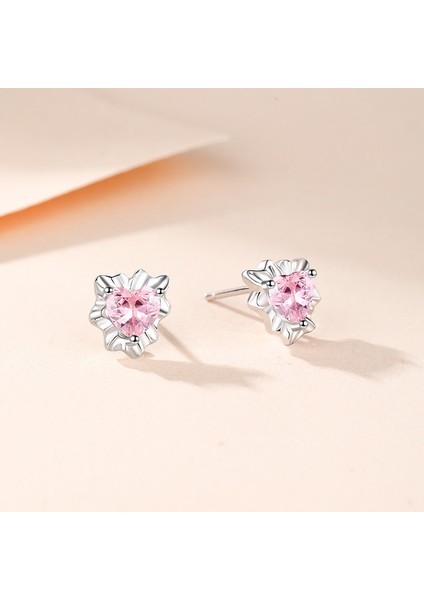 S999 Gümüş Pembe Zirkonya Kalp Saplama Küpe, Narin ve Çok Yönlü (Yurt Dışından)