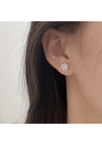 S999 Gümüş Pembe Zirkonya Kalp Saplama Küpe, Narin ve Çok Yönlü (Yurt Dışından) modelleri