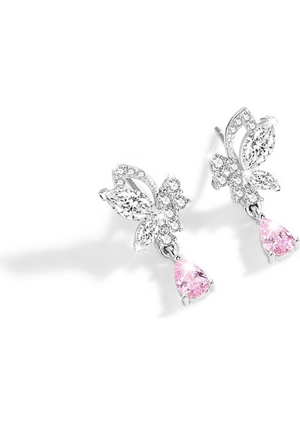 S925 Gümüş Kelebek Küpe, Pembe Zirkon Küpe (Yurt Dışından)