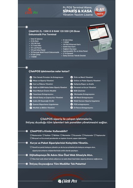 Çilekpos ZL-1500 I5 8 Ram 120 SSD Çift Ekran Dokunmatik Pos Terminal ZL-1500