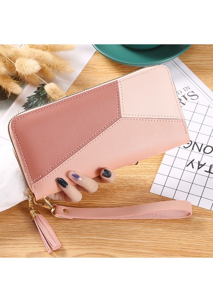 Kontrast Renk Dikişli Uzun Kadın El Kadın Moda Japon ve Kore Büyük Kapasiteli Fermuarlı Cüzdan (Yurt Dışından)