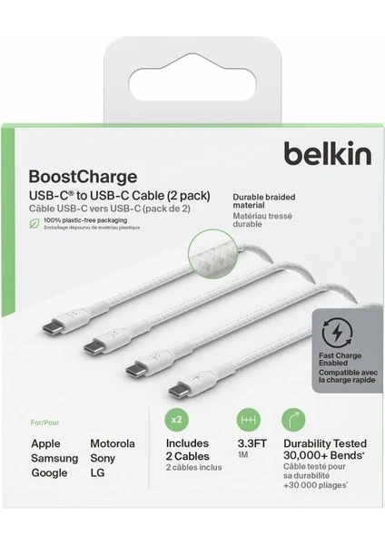 " Belkin Type-C To Type-C Örgülü Kablo 1 Metre (Ikili Paket) - Beyaz