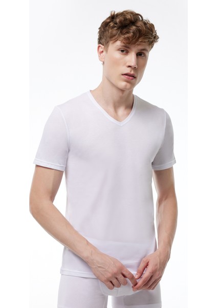 Erkek Beyaz Basic V Yaka Ince Modal Tişört 085