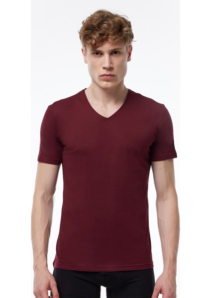 Erkek Bordo Mavi Yeşil 3 Lü Paket V Yaka İnce Modal Tshirt 3M085
