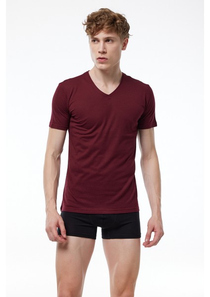 Erkek Bordo Mavi Yeşil 3 Lü Paket V Yaka İnce Modal Tshirt 3M085