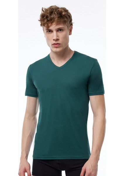 Erkek Bordo Mavi Yeşil 3 Lü Paket V Yaka İnce Modal Tshirt 3M085