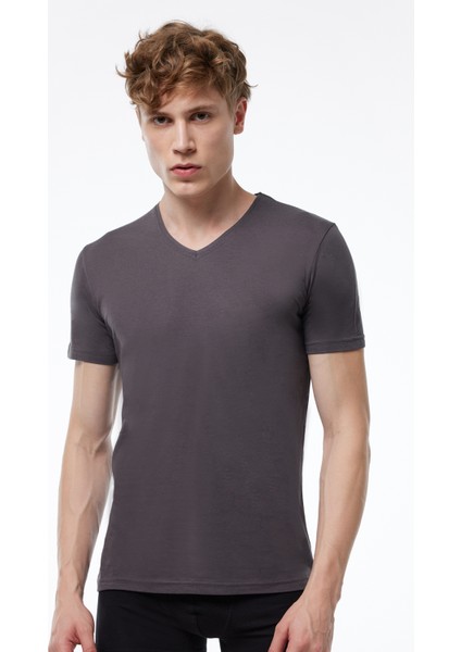 Erkek Füme Basic V Yaka Ince Modal Tişört 085