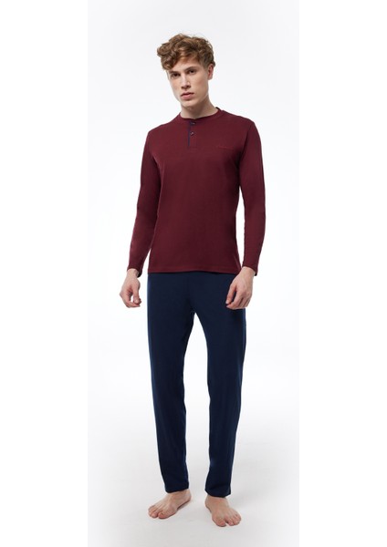 Erkek Bordo Düğmeli Yaka Uzun Kollu Kışlık Pijama Takımı 6010