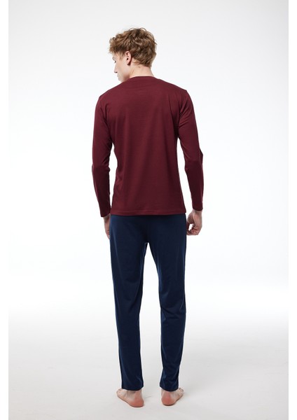 Erkek Bordo Düğmeli Yaka Uzun Kollu Kışlık Pijama Takımı 6010 modelleri