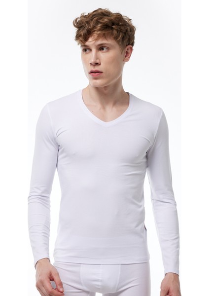 Erkek Beyaz V Yaka Uzun Kollu Modal Body 059