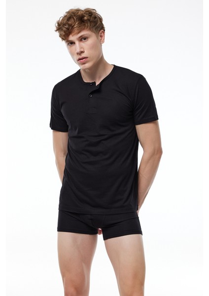 Erkek Siyah Düğmeli Yaka İnce Modal Yaz Serinliği Tshirt 083 fiyatları