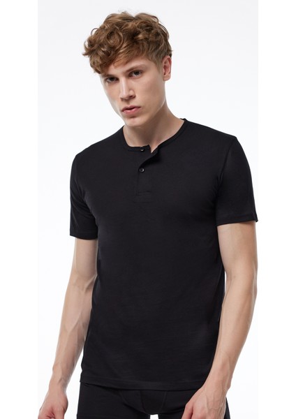 Erkek Siyah Düğmeli Yaka İnce Modal Yaz Serinliği Tshirt 083 modelleri