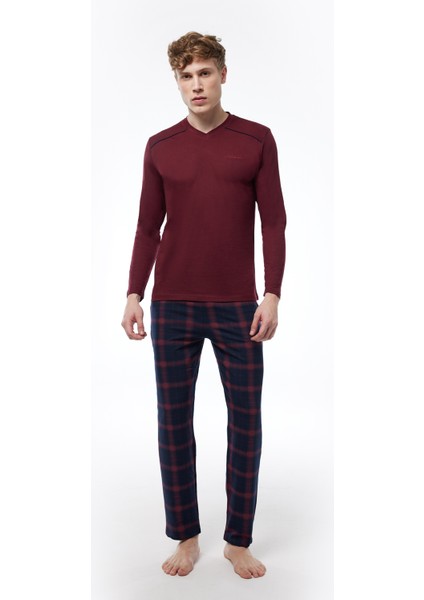 Erkek Bordo Ekoseli V Yaka Uzun Kollu Kışlık Pijama Takımı 6014