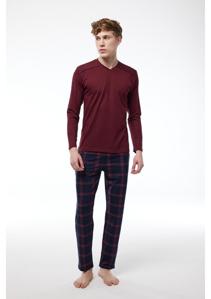 Erkek Bordo Ekoseli V Yaka Uzun Kollu Kışlık Pijama Takımı 6014 fiyatları
