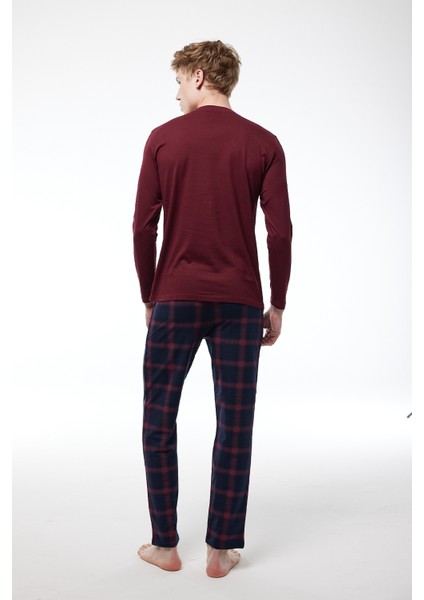Erkek Bordo Ekoseli V Yaka Uzun Kollu Kışlık Pijama Takımı 6014 modelleri