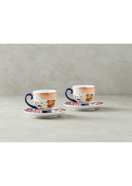 English Home Yılbaşı Cheerful Sunset New Bone China 4 Parça 2 Kişilik Kahve Fincan Takımı Renkli