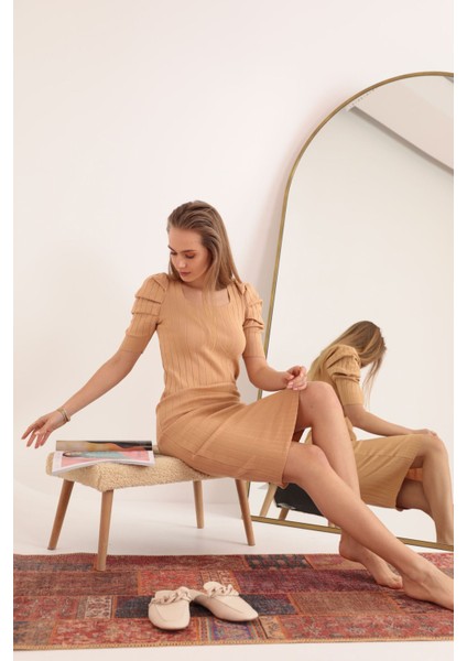 Triko Kumaş Karpuz Kol Kadın Elbise-Bisküvi