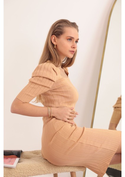 Triko Kumaş Karpuz Kol Kadın Elbise-Bisküvi modelleri