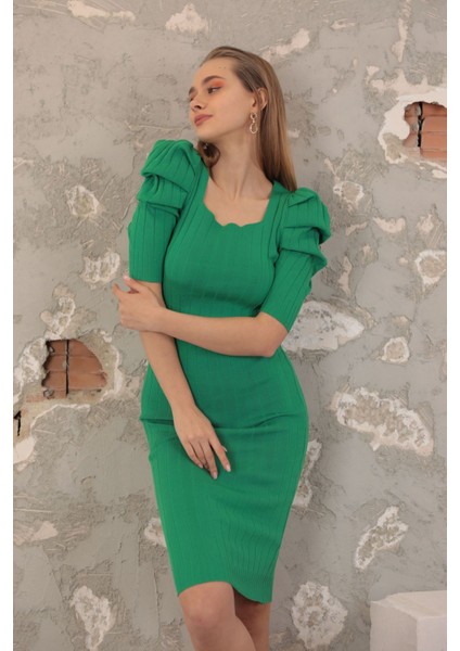 Triko Kumaş Karpuz Kol Kadın Elbise-Yeşil