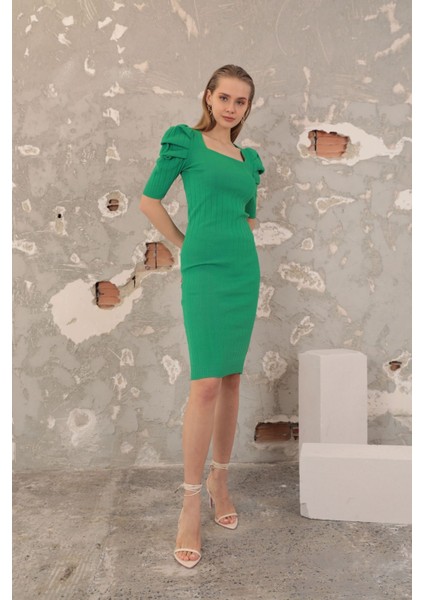 Triko Kumaş Karpuz Kol Kadın Elbise-Yeşil fiyatları
