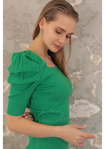 Triko Kumaş Karpuz Kol Kadın Elbise-Yeşil fırsatları