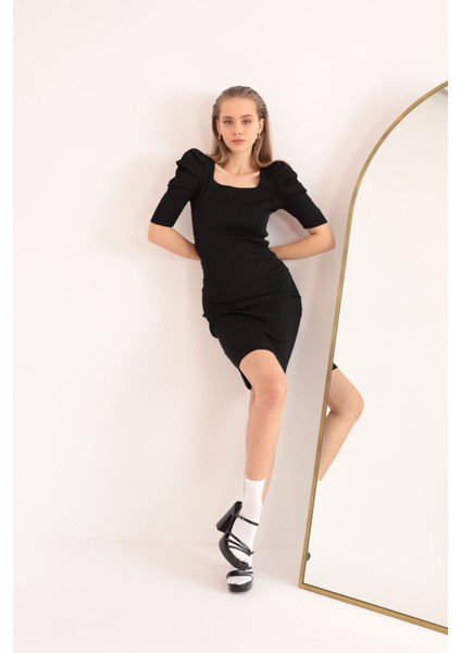 Triko Kumaş Karpuz Kol Kadın Elbise-Siyah