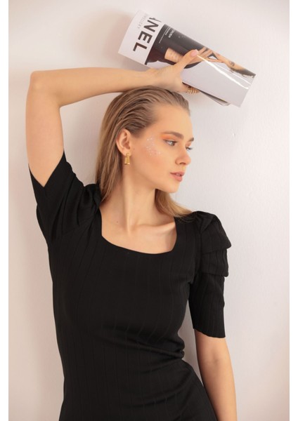 Triko Kumaş Karpuz Kol Kadın Elbise-Siyah fiyatları