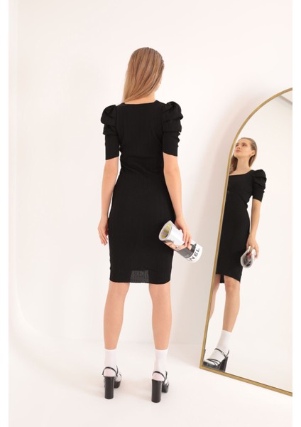 Triko Kumaş Karpuz Kol Kadın Elbise-Siyah fırsatları