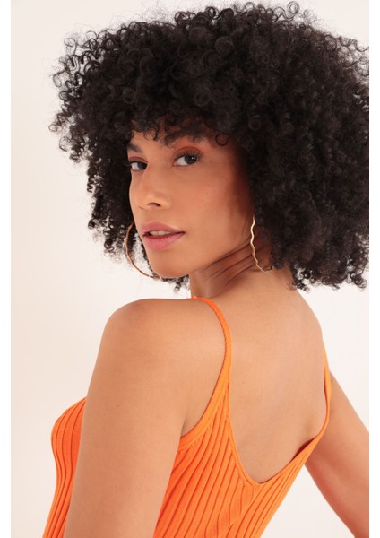 Triko Kumaş Broşlu Midi Kadın Elbise-Oranj fiyatları