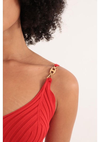 Triko Kumaş Broşlu Midi Kadın Elbise-Kırmızı indirimleri